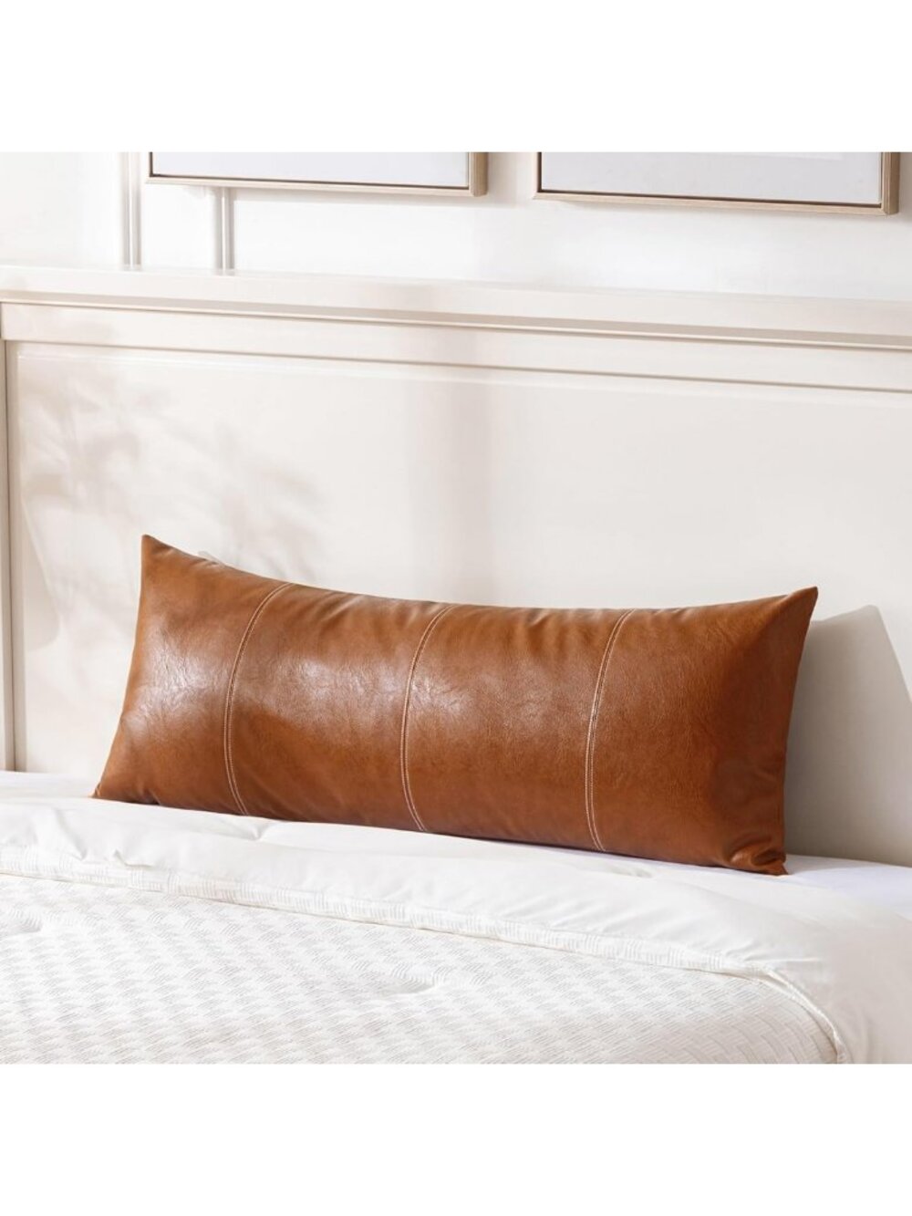 Boho Long Lumbar Faux Leather Throw Pillow Cover 14x36" - Rustic Modern Decor